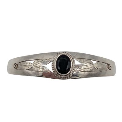 Sterling Silver Onyx Leaf Cutout Cuff Bracelet