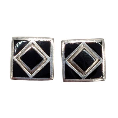 Signed Sterling Silver Onyx Inlay Convertible Jacket Stud Earrings