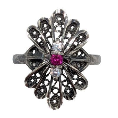 Signed Sterling Silver Ruby CZ Filigree Shield Ring Size 7.75