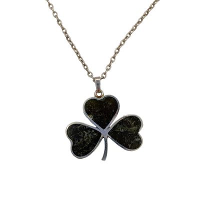 Signed Irish Sterling Silver Moss Agate Inlay Shamrock Necklace