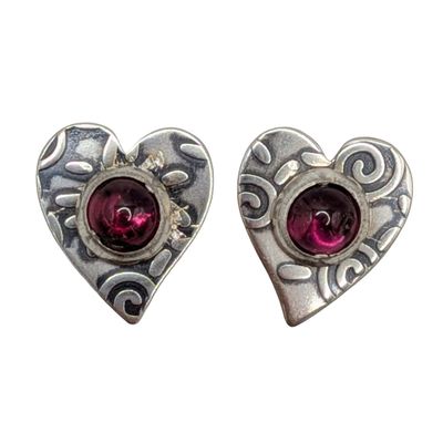 Signed Sterling Silver Garnet Stamped Heart Stud Earrings