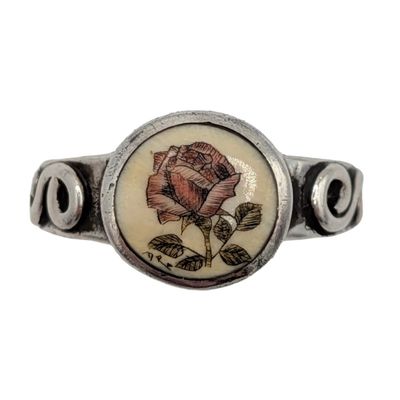Signed Sterling Silver Rose Scroll Ring Size 6.5