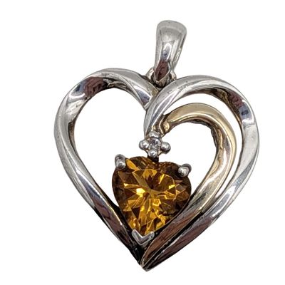 Signed 14K Yellow Gold Sterling Silver Diamond Citrine Heart Pendant