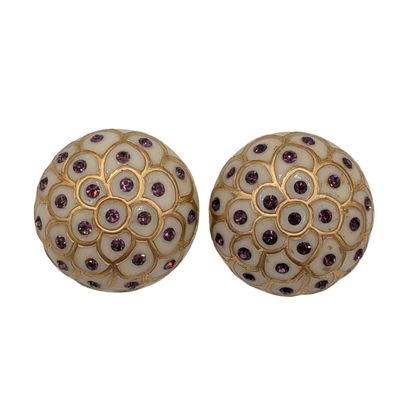Silver Tone White Resin Purple Rhinestone Dome Earrings