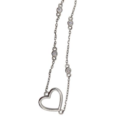 Signed Sterling Silver CZ Section Link Heart Bracelet