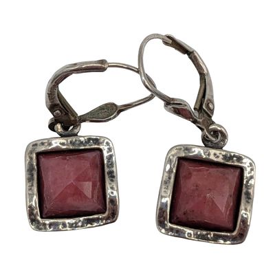 Signed Israel Sterling Silver Rhodonite Wavy Square Dangle Drop Earrings