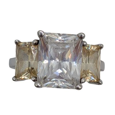 Signed Sterling Silver Rhinestone 3 Stone Emerald Cut Ring Size 5