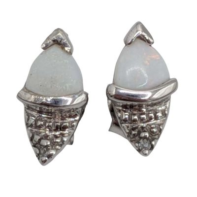 Signed 14K White Gold Diamond Opal Stud Earrings