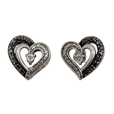 Signed Sterling Silver Diamond Heart Stud Earrings