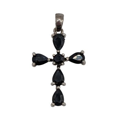 Signed Sterling Silver Sapphire Cross Pendant