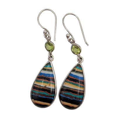Sterling Silver Peridot Fordite Teardrop Dangle Earrings