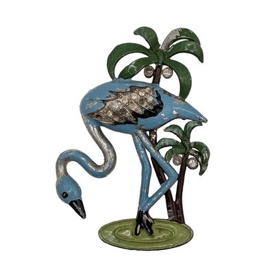 Silver Tone Enamel Rhinestone Palm Tree Flamingo Brooch