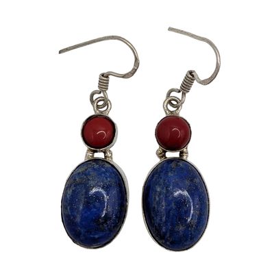 Sterling Silver Lapis Coral Dangle Earrings