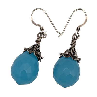 Sterling Silver Blue Glass Bali Style Dangle Earrings