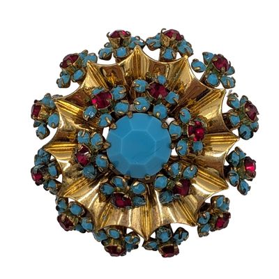 Gold Tone Faux Turquoise Red Rhinestone Starburst Brooch