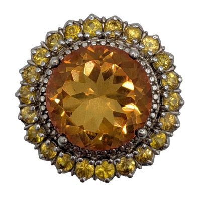 Signed Sterling Silver Citrine Topaz Halo Ring Size 7.25