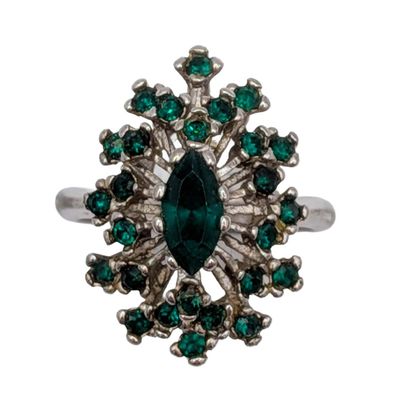 Vintage 18k White Gold Electroplated Green Rhinestone Ring Size 6