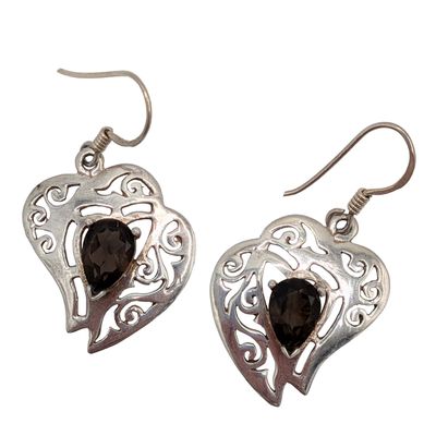 Sterling Silver Smoky Quartz Double Heart Dangle Earrings