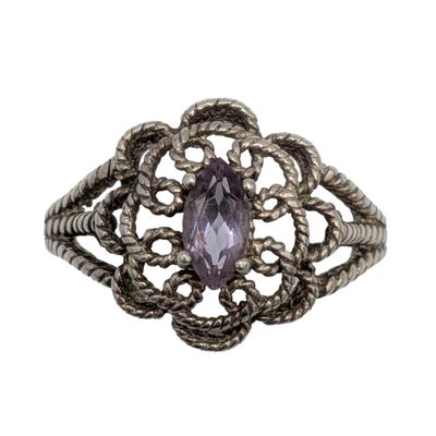 Signed Sterling Silver Amethyst Filigree Dome Ring Size 9.5