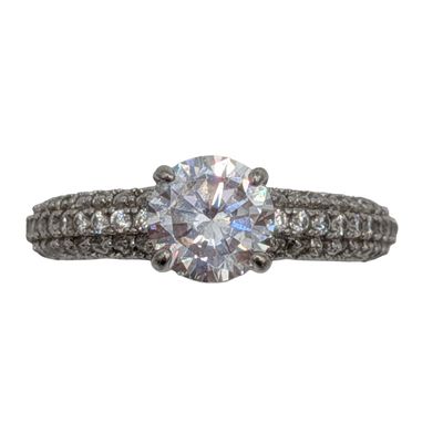 Signed Sterling Silver CZ Round Cut Pave Set Solitaire Ring Size 6.75