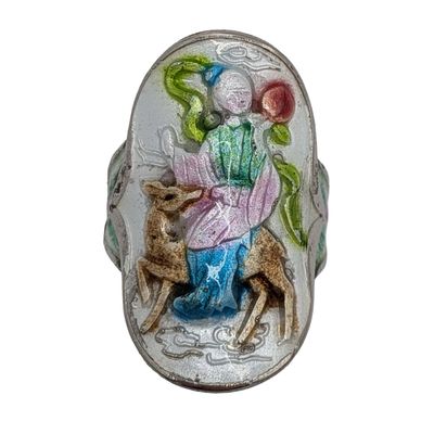 Chinese Export Silver Tone Enamel Repousse Deer Geisha Adjustable Ring