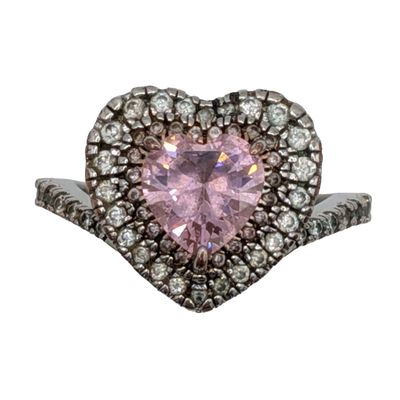 Sterling Silver Pink Rhinestone Halo Heart Ring Size 5.25