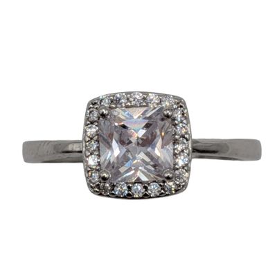 Sterling Silver CZ Princess Cut Halo Ring Size 8.25