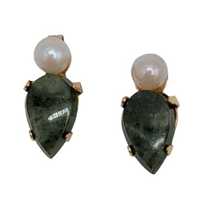 14K Yellow Gold Emerald Pearl Drop Stud Earrings