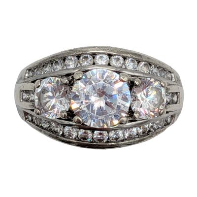 Signed Sterling Silver CZ Three Stone Anniversary Ring Size 6.75