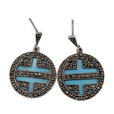 Signed Sterling Silver Turquoise Marcasite Art Deco Overlay Earrings