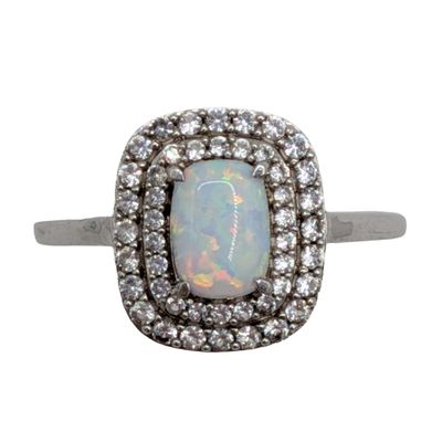 Signed Sterling Silver Opal White Topaz Double Halo Ring Size 7