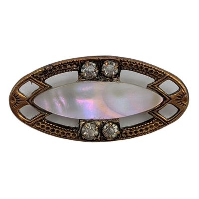 Antique Gold Filled Mother of Pearl Rhinestone Embossed Brooch