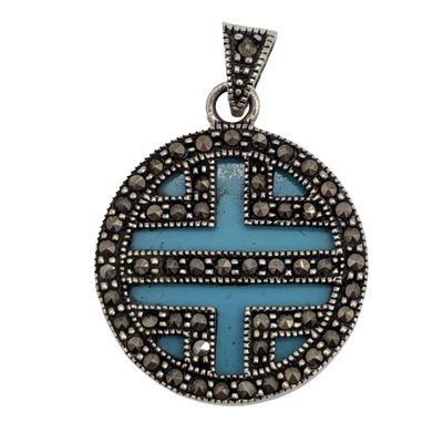 Signed Sterling Silver Turquoise Marcasite Art Deco Overlay Pendant