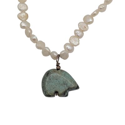 Sterling Silver Pearl Turquoise Carved Bear Toggle Clasp Necklace