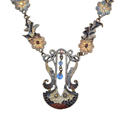 Gold Tone Rhinestone Resin Plique a Jour Style Floral Nouveau Necklace