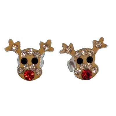 Signed Sterling Silver Rhinestone Reindeer Stud Earrings