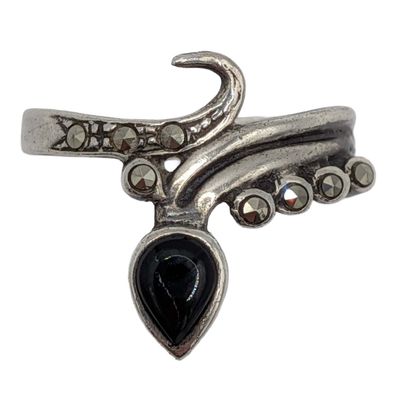 Signed Sterling Silver Onyx Marcasite Snake Ring Size 6.75