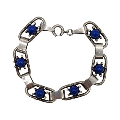 Vintage Sterling Silver Blue Glass Modern Burst Link Bracelet