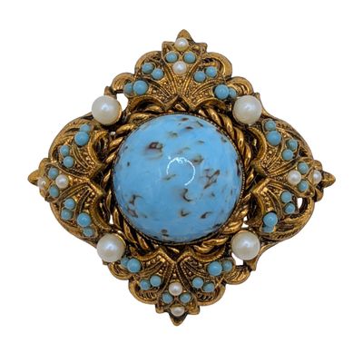 West German Gold Tone Faux Turquoise Faux Pearl Brooch