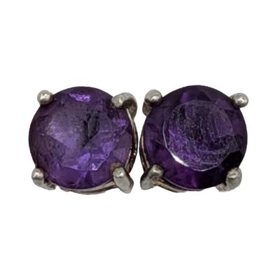 Signed Sterling Silver Amethyst Solitaire Stud Earrings