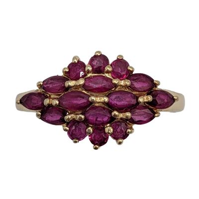 Signed 14K Yellow Gold Ruby Cluster Ring Size 8.25