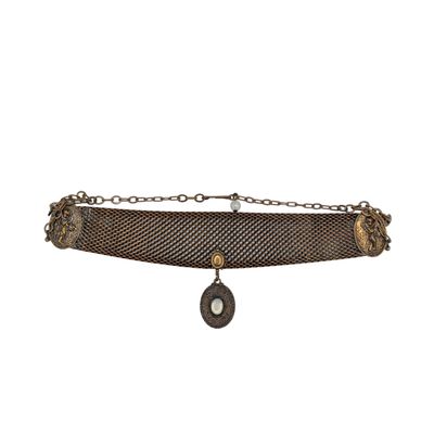 Gold Tone Faux Moonstone Victorian Revival Mesh Collar Necklace