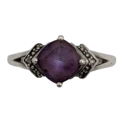 Sterling Silver Amethyst Diamond Square Cut Ring Size 7