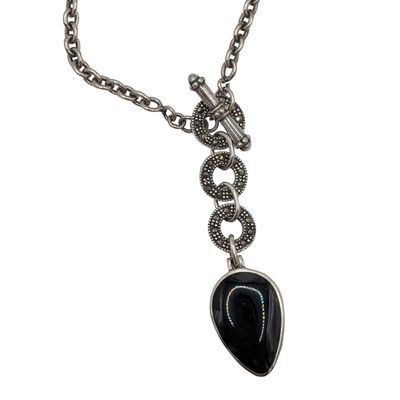 Signed Sterling Silver Black Resin Marcasite Necklace