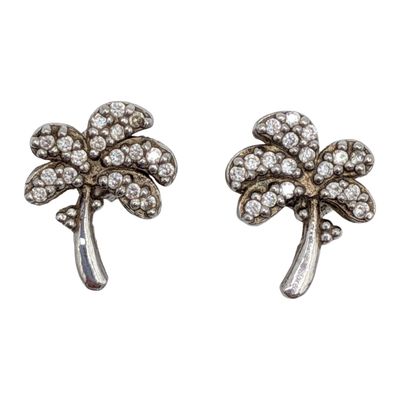 Signed Sterling Silver CZ Palm Tree Stud Earrings