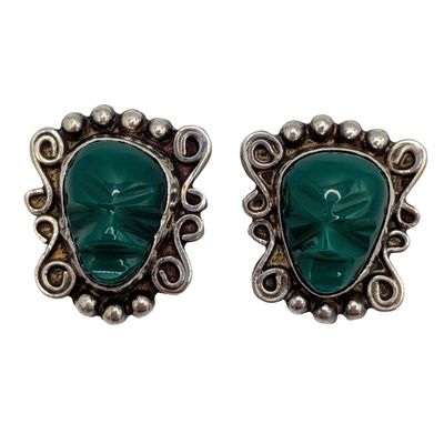 Mexico Sterling Silver Green Onyx Carved Mask Earrings
