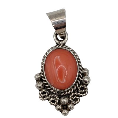 Taxco Mexico Sterling Silver Pink Coral Oval Rope Detail Pendant