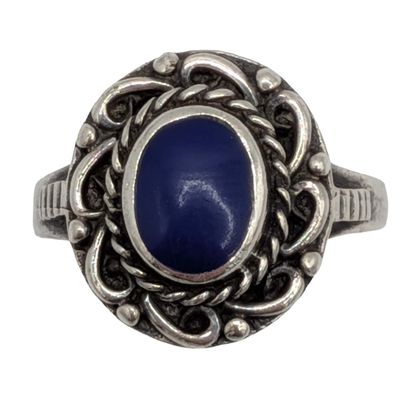 Signed Sterling Silver Lapis Rope Framed Oval Ring Size 7.75