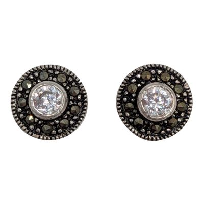 Sterling Silver Rhinestone Marcasite Halo Stud Earrings