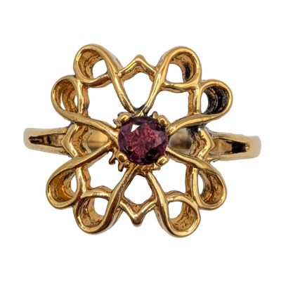 Avon Gold Over Sterling Silver Amethyst Openwork Floral Ring Size 5.5